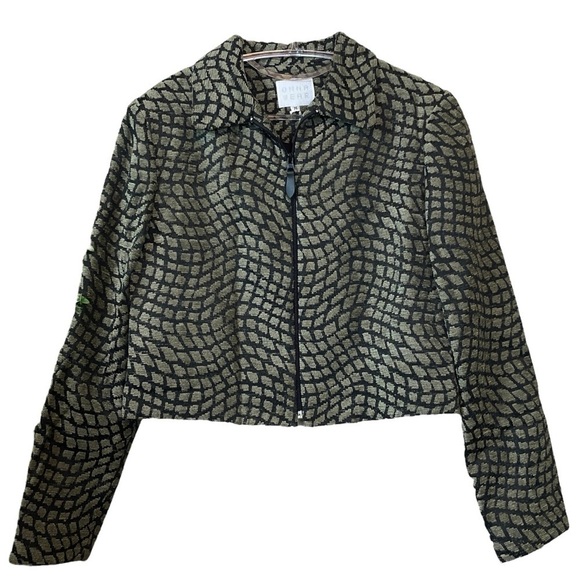 Onna Wear Tapestry Knit Cropped Faux Leather Pull Zip Jacket Taupe Black Size M - Picture 8 of 8